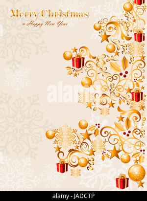 Luxury Merry Christmas gold tree elements and snowflakes background. EPS10 vector file organized in layers for easy editing. Stock Photo