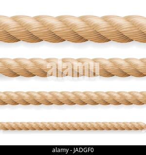 Realistic Rope Vector. Different Thickness Rope Set Isolated On White Background. Illustration Of Twisted Nautical Thick Lines. Stock Vector