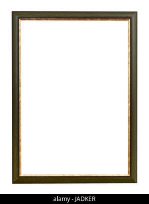 dark green and gold flat vertical picture frame with cutout canvas isolated on white background Stock Photo