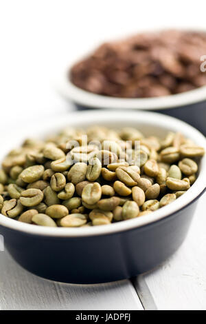 unroasted green coffee beans in ceramic bowl Stock Photo
