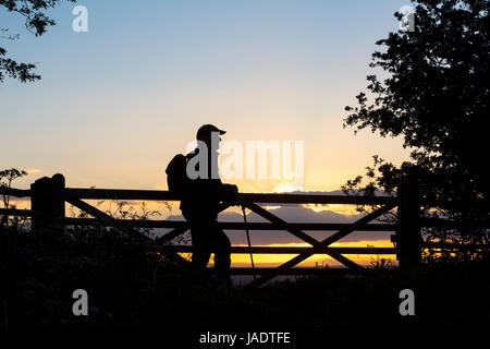 Silhouette walker standing by a gate along the cotswold way at sunset on Broadway hill. Cotswolds, Broadway, Gloucestershire, England Stock Photo