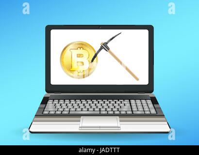 laptop computer displaying bitcoin mining vector concept Stock Vector