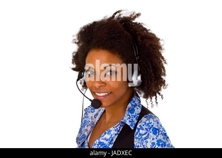 Junge Frau mit Headset freigestellt auf weissem Hintergrund Stock Photo