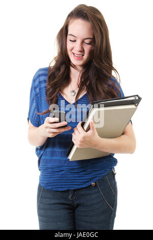 Stock image of casual student texting isolated on white background Stock Photo
