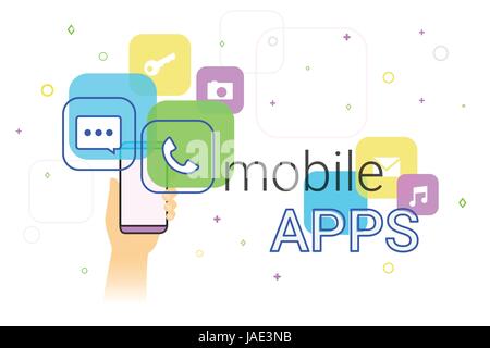 Mobile apps on smartphone concept illustration. Human hand holds smart phone with popular apps such as messenger, voice call, camera, e-mail. Applicat Stock Vector