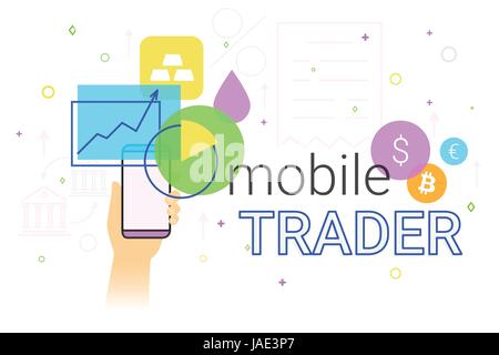 Mobile trader app on smartphone creative concept illustration. Human hand holds smartphone with bank app for shares tracking, investments, financials  Stock Vector