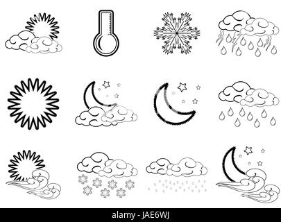 Night day weather colour icons set black outlined isolated on white background. Stock Vector