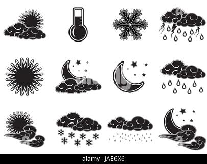 Night day weather colour icons set black isolated on white background. Stock Vector
