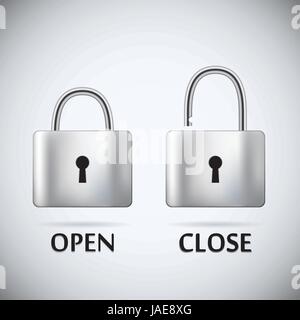 Locked and unlocked Padlock steel text open close. Stock Vector