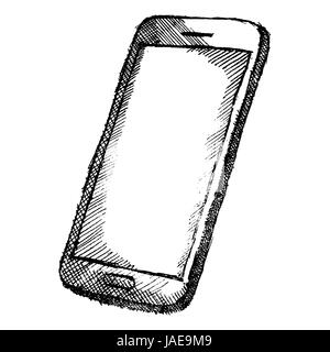 Handdrawn sketch of mobile phone with shadow isolated on white background. Stock Vector