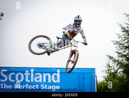 World Champion Danny Hart flies through the UCI Mountain Bike World Cup course at Fort William on June, 4, 2017. Stock Photo