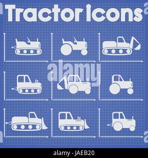 Various Tractor and Construction Machinery Icon set blueprint stylized. Stock Vector