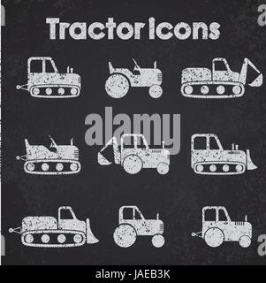 Various Tractor and Construction Machinery Icon set blackboard stylized. Stock Vector