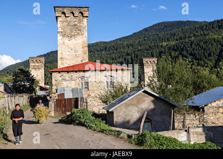 Village with medieval towers in the Caucasus Mountains, Georgia Stock Photo