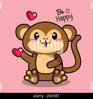 pink color background with cute kawaii animal monkey holding a heart Stock Vector