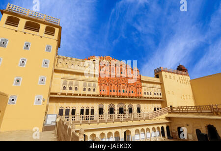 Hawa Mahal is a beautiful palace in Jaipur (Pink City), Rajasthan, also known as Palace of Winds or Palace of the Breeze, constructed of red and pink  Stock Photo