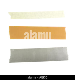 Drei streifen Klebeband freigestellt auf weißem hintergrund - Three pieces of tape duct tape packing tape and adhesive tape isolated on white background Stock Photo