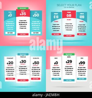Pricing Business Plans Vector Set. Design Element For Website. Collection Of Pricing Plans For Websites And Applications. Hosting Table Banner Stock Vector