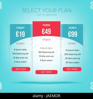Pricing Business Plans Vector. Contemporary Pricing Business Plans, Data Table Template For Web And Applications. Stock Vector