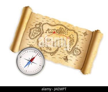 Ancient pirate map with paper texture with glossy compass isolated on white Stock Vector