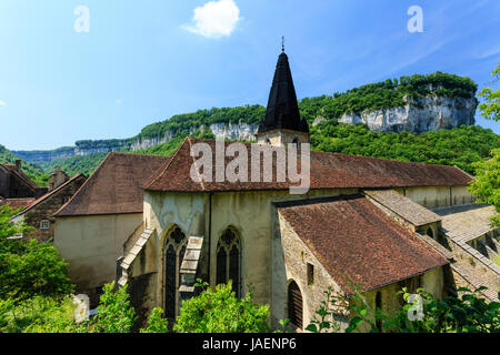 France, Jura, Baume les Messieurs, labelled Les Plus Beaux Villages de France (The Most beautiful Villages of France), abbey church Stock Photo