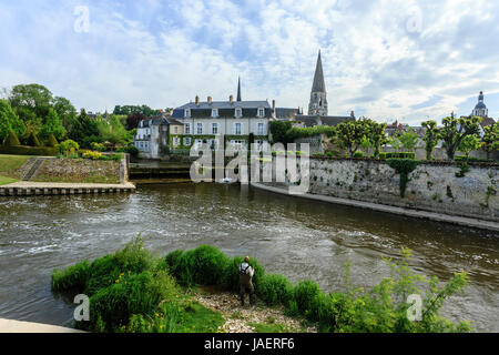 France, Loir et Cher, Vendome, the Loir, Belot square in front and the bell tower of the Church of the Trinity Stock Photo
