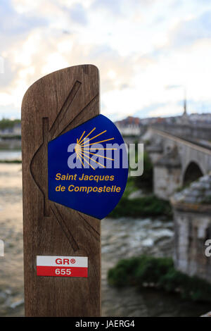France, Loir et Cher, Blois, Loire, Jacques Gabriel Bridge, signage paths of Saint Jacques de Compostela on the GR 655