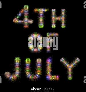 Fourth of July written with Colorful Sparkling Fireworks over black sky / background Stock Photo