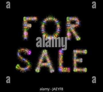 FOR SALE text written with Colorful Sparkling Fireworks over black sky / background Stock Photo