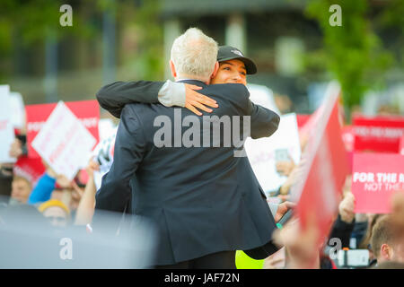 Birmingham UK. Tuesday 6th June 2017. Labour Party leader Jeremy Corbyn greets Saffiyah Khan at the rally just a day and a half before the electorate votes. Credit: Peter Lopeman/Alamy Live News Stock Photo
