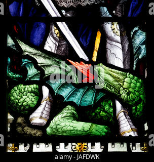 Saint George and the dragon stained glass detail, Holy Trinity Church, Deanshanger, Northamptonshire, England, UK Stock Photo