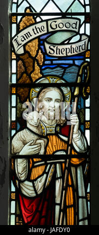 The Good Shepherd stained glass, Holy Trinity Church, Deanshanger, Northamptonshire, England, UK Stock Photo