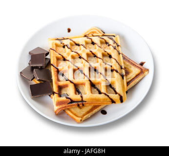Belgian waffles with chocolate on white isolated background Stock Photo