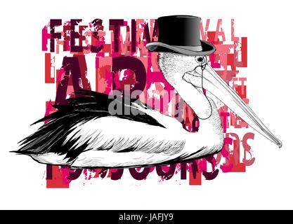 Pelican with top hat and monocle - vector illustration Stock Vector