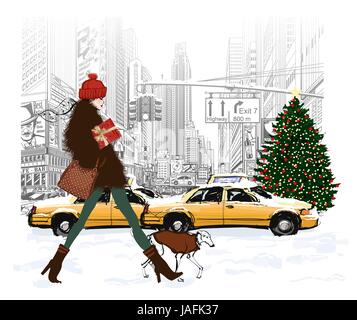 Young fashionable woman shopping in New-York for Christmas - vector illustration Stock Vector