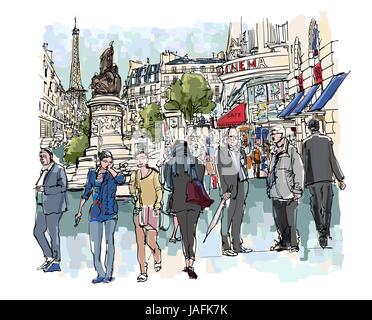 People in a street of Paris - vector illustration Stock Vector