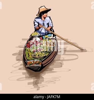 Boat in a floating market in Thailand - vector illustration Stock Vector