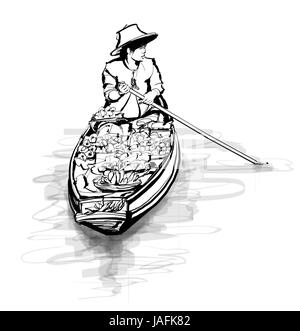 Boat in a floating market in Thailand - vector illustration Stock Vector