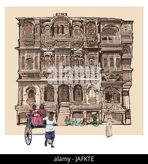 Facade of old house with balconies in Jodhpur, India - vector illustration Stock Vector