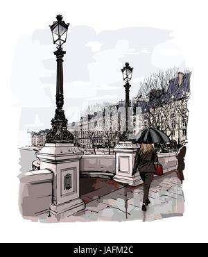 France - Paris, Pont Neuf under the rain - vector illustration Stock Vector
