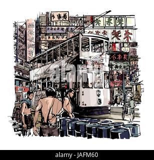 Hong Kong, tram on the street - vector illustration Stock Vector