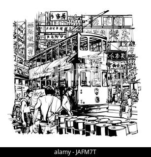 Hong Kong, tram on the street - vector illustration Stock Vector