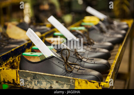 Row of brown leather shoes in a shoemaker's workshop. Stock Photo