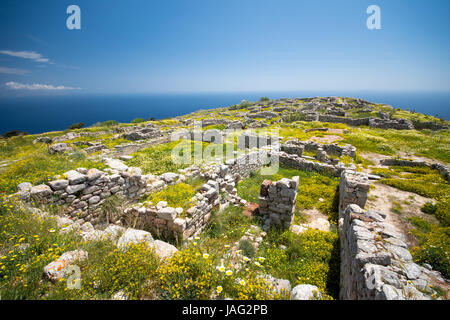 The ruins of ancient Thira, a prehistoric village at the top of the mountain Mesa Vouno, Santorini, Greece. Stock Photo