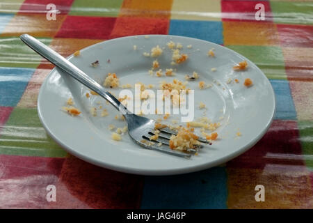 An empty small side plate with a fork and the crumbs left from a cake that has been eaten, sitting on a shiny tablecloth with muli-coloured squares. Stock Photo