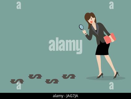 Detective business woman finding money. Business concept Stock Vector