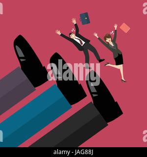 Employees kicked by boss big foots. Vector illustration Stock Vector