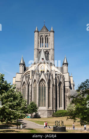 Rear view of St. Nicholas' Church (Sint-Niklaaskerk) , one of the most prominent landmarks in Ghent, Belgium. Stock Photo