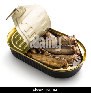 open tin can with sprats on a white background isolated Stock Photo