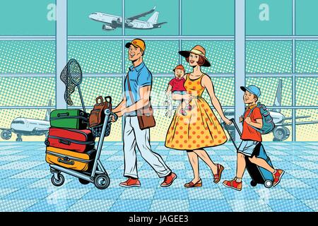 Family travelers at the airport. Pop art retro vector illustration. Air transport Stock Vector